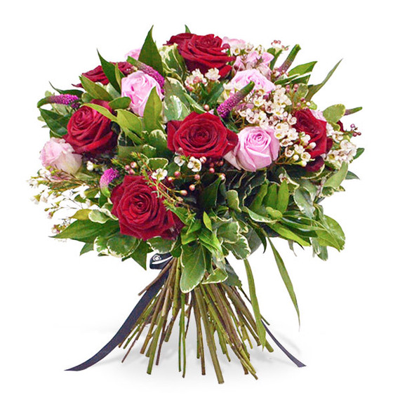 Bouquet with luxury Red Naomi roses, pink roses, wax and Veronica flowers and eucalyptus foliage