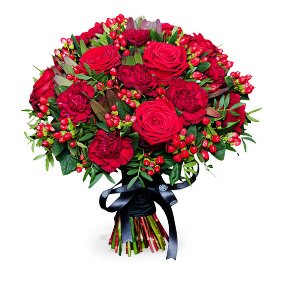 Luxury red rose bouquet with Hypericum berries and assorted foliage