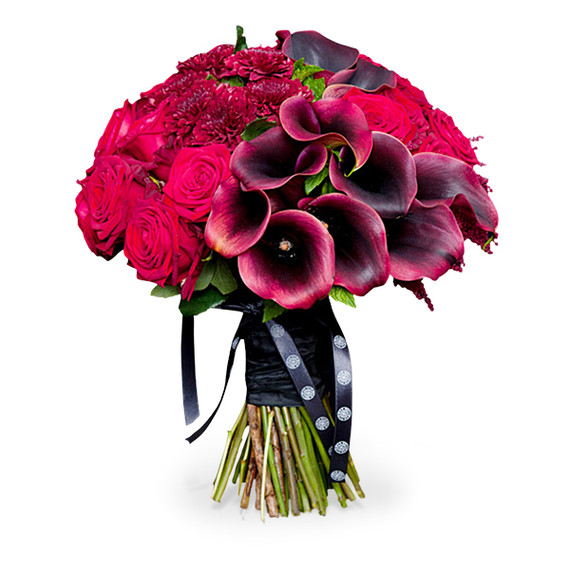 A hand-tied bouquet of red calla lilies, red roses and red carnations