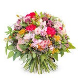 A mixed flower bouquet of bright pink dianthus, purple alstroemerias and elegant pink spray roses. 