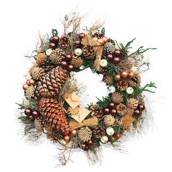 Christmas wreath with mini apples, pinecones and red and gold baubles