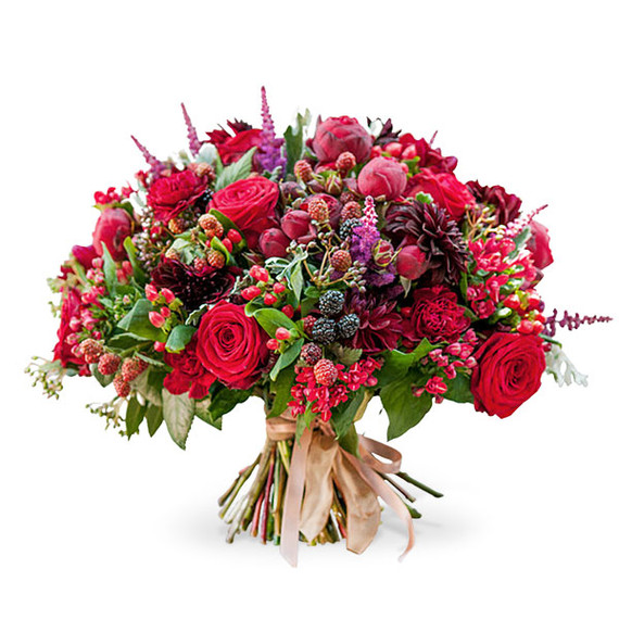 Luxury bouquet of Red Naomi roses, Red Piano spray roses, burgundy dahlias, red bouvardia, red hypericum, burgundy carnations and red amaranthus