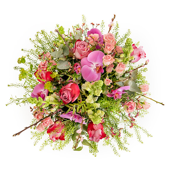 Orchids, roses and snapdragons are gracefully arranged together with lush foliages to make this bouquet a charming gift, destined to fill with delight whoever will be receiving it. 